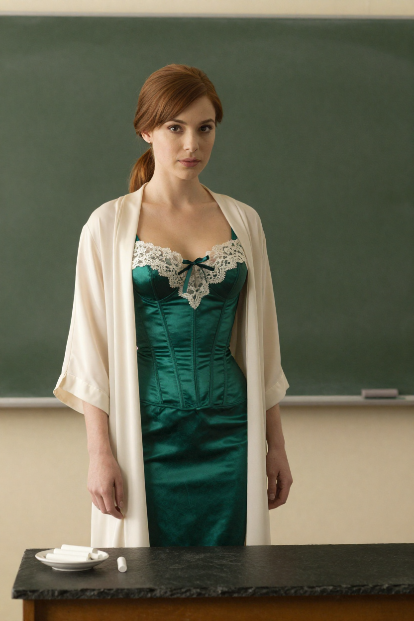 A 27-year-old fictional woman with chestnut hair in a low ponytail, wearing an emerald satin corset